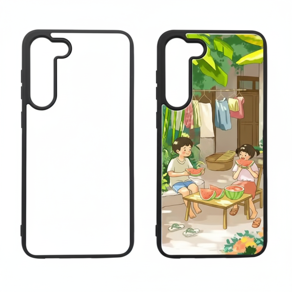Phone case with illustration of two people eating watermelon in a garden setting