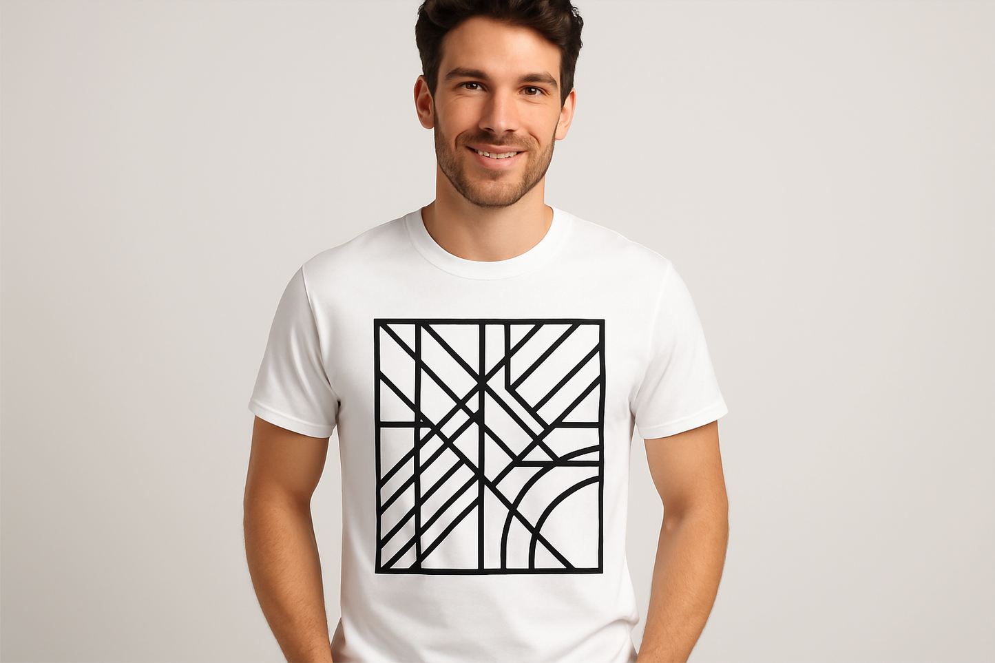 Create a stock image of a men wearing a white t-shirt with a unique design 