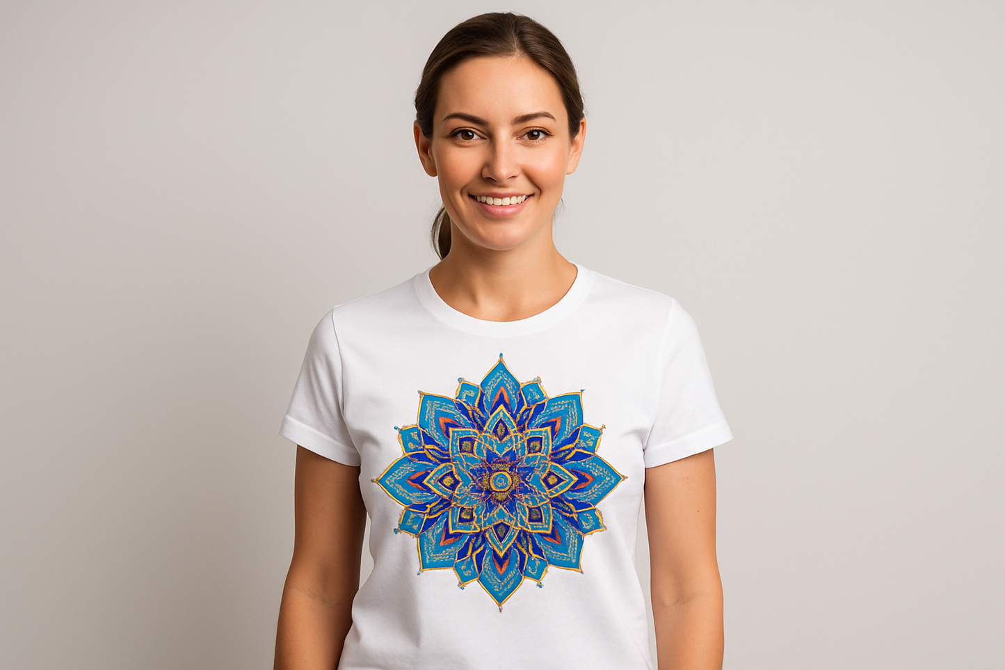 Create a stock image of a women wearing a White T-shirt with a unique design on it 